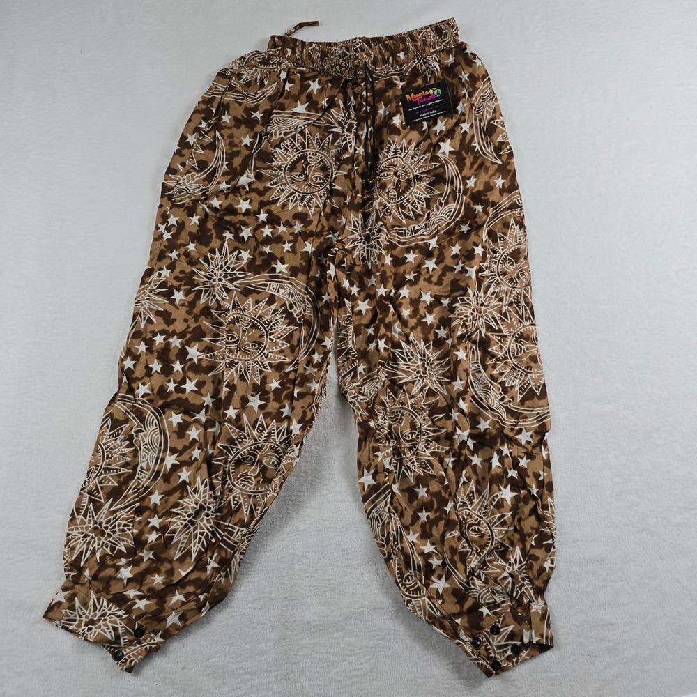Magic Touch Brown Celestial Sun Moon Star Rayon Harem Pants Women New One Size